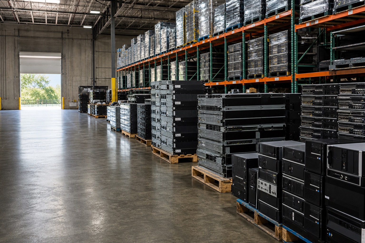 Organized enterprise servers and computers at an electronics recycling warehouse